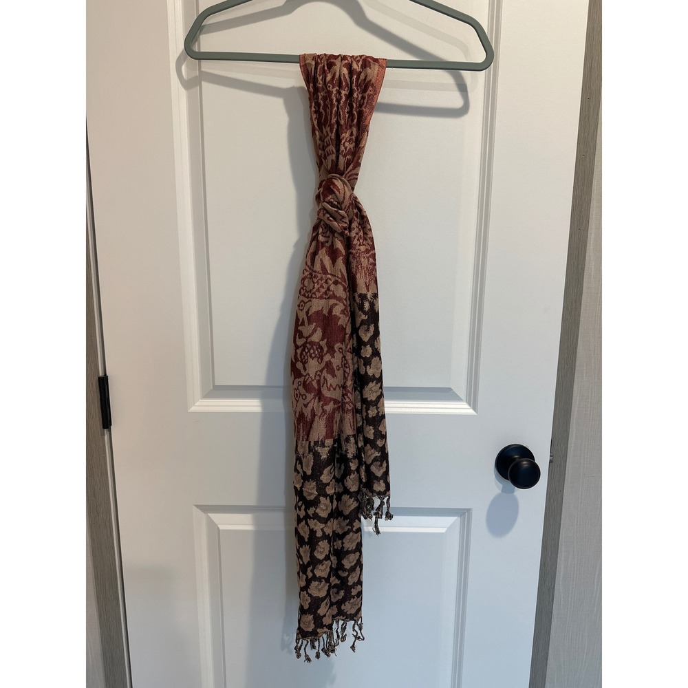 Women Burgundy Damask & Gold Leopard Print Metallic Rayon Scarf with Fringe